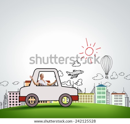 Young girl driving drawn little funny car