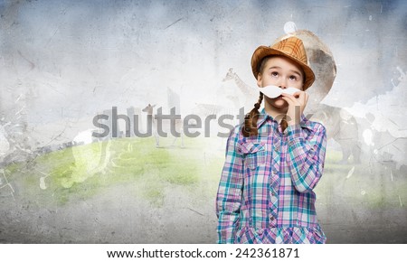 Cute girl wearing shirt hat and mustache
