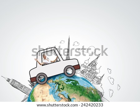 Young girl driving drawn little funny car. Elements of this image are furnished by NASA
