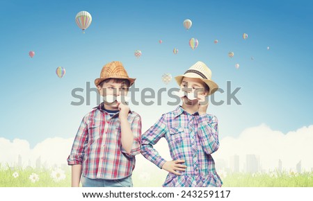 Cute girl and boy wearing shirt hat and mustache