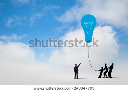 Little silhouettes of people pulling light bulb on rope
