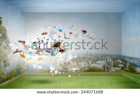 Young woman flying in sky
