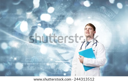 Young man doctor holding folder thinking something over