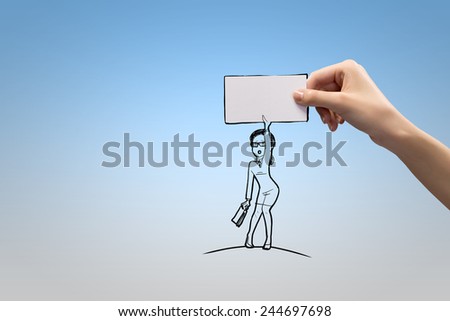 Human hand and caricature of funny businesswoman with banner