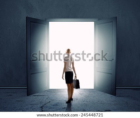 Rear view of businesswoman standing in light of opened door