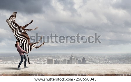 Funny young girl making effort to lift zebra