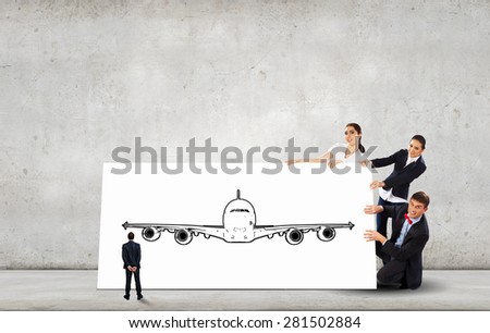 Young people holding white banner with airplane illustration