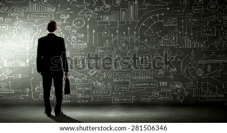 Rear view of businessman looking at business sketch on wall