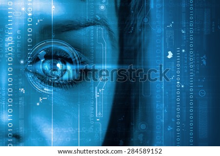 Close up of female digital eye with security scanning concept