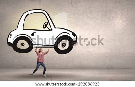 Young student girl lifting drawn car above head