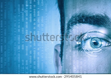 Close up of male digital eye with security scanning concept