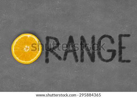 Word orange with slice of orange fruit instead of letter O