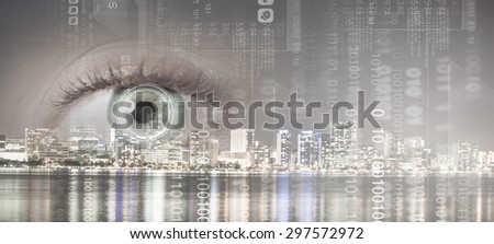 Bird eye view of modern night city with human female eye