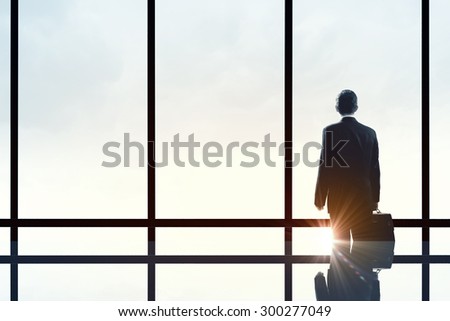 Businessman standing with back and looking in office window