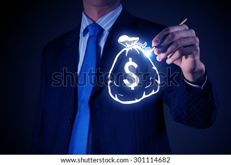 Chest view of businessman drawing money bag on screen