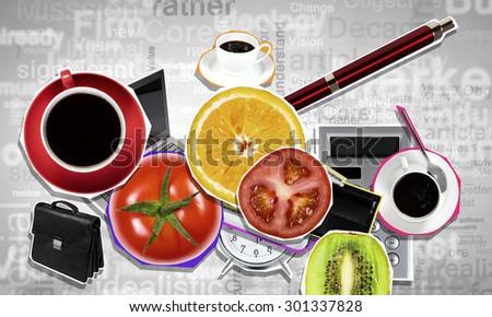 Conceptual image with business items and fresh fruits