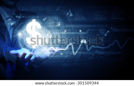 Close up of businesswoman hand holding digital dollar sign