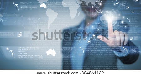 Close up of businesswoman touching virtual panel with finger