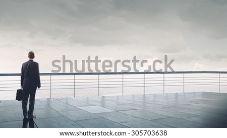 Back view of businessman standing on roof looking at city