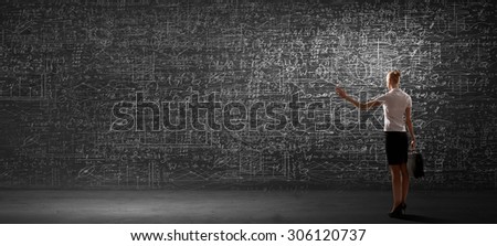 Rear view of businesswoman looking at chalk business sketches on wall
