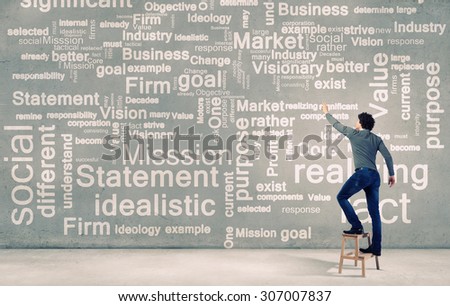 Young businessman standing with back and writing different words on wall