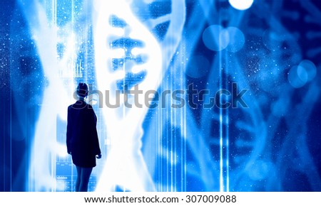 Businesswoman standing with back and virtual panel with dna spiral