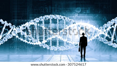 Businessman standing with back and virtual panel with dna spiral