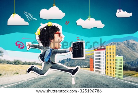 Collage image of funny running businessman with suitcase in hands
