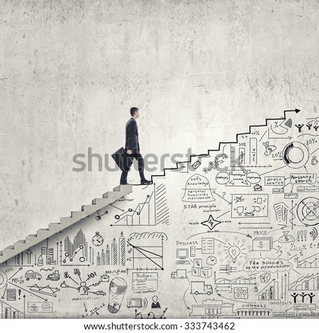 Businessman climbing up hand drawn staircase as symbol of career rise