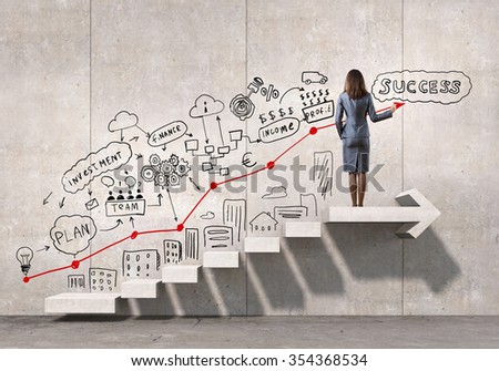Businesswoman drawing strategy plan over ladder leading to success