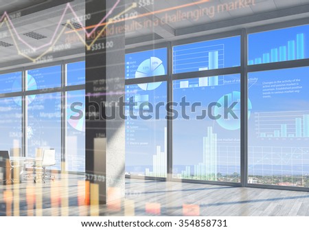 Modern office window view with virtual market infographs