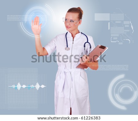Young doctor in white uniform, transparent glasses and a stethoscope clicks on virtual buttons. Collage.