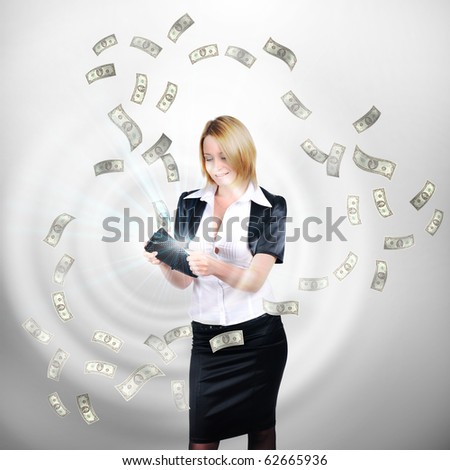 A young girl with a wallet from which cash flow ejected.Collage