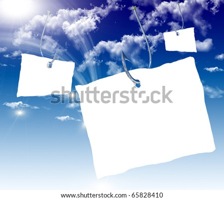 Fishhook with a white sheet of paper for the label floating in the blue sky. Symbol of dangerous promises.
