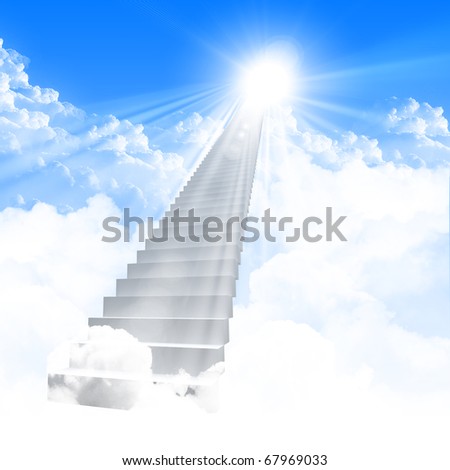 White ladder extending to a bright sky against a background of green grass. Symbol of the road to heaven