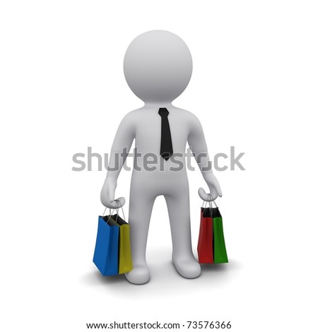 small three-dimensional man with shopping bags on white background