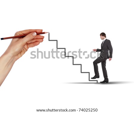 stock photo : young man climbs the ladder of success and a virtual career. Collage.