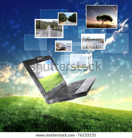 color collage of notebook against green nature background