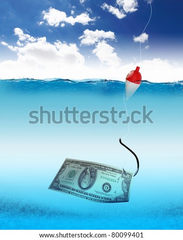 fish hook underwater with banknotes as symbol of finance