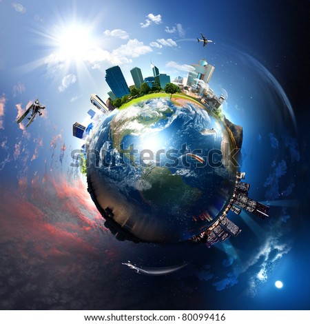stock photo : Earth with the different elements on its surface. Humorous collage.