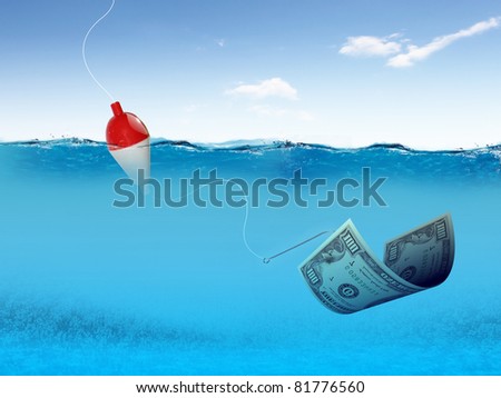 fish hook underwater with banknotes as symbol of finance