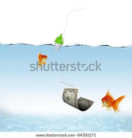 Collage of swimming gold fish and money symbols