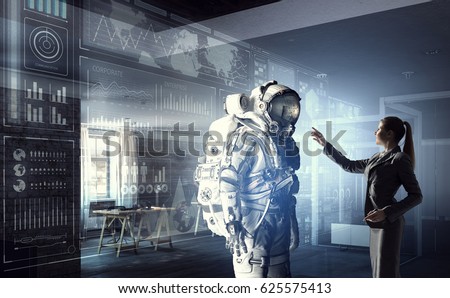 Scientists designing space suit. Mixed media . Mixed media