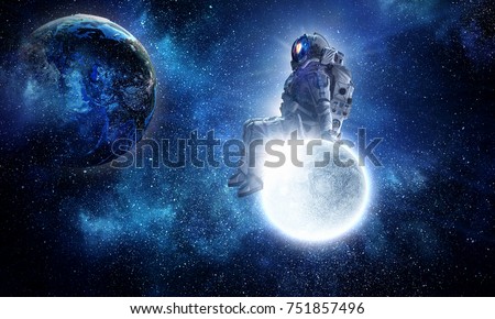 Astronaut sit on full moon. Mixed media
