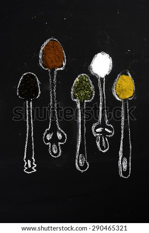Spices (pepper, salt, paprika, chive, dill, curry) on chalkboard