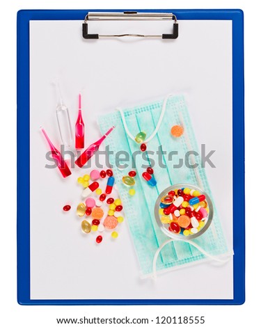 Medical concept with clipboard, pills and ampoules isolated on white