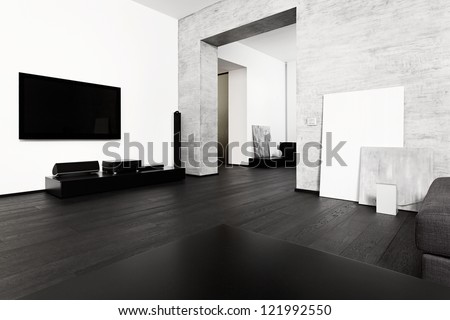 Modern Minimalism Style Drawing-Room Interior In Black And White Tones