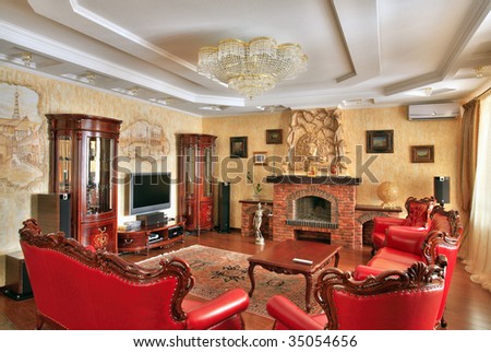 drawing room picture on Drawing Room In Golden And Red Colors Interior In Classic Style