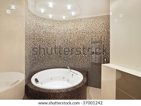 Bathroom With Jacuzzi And Mosaic On Wide Angle View Stock Photo ...