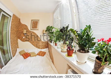 Sunny bedroom on balcony with Window and plants, fish-eye view